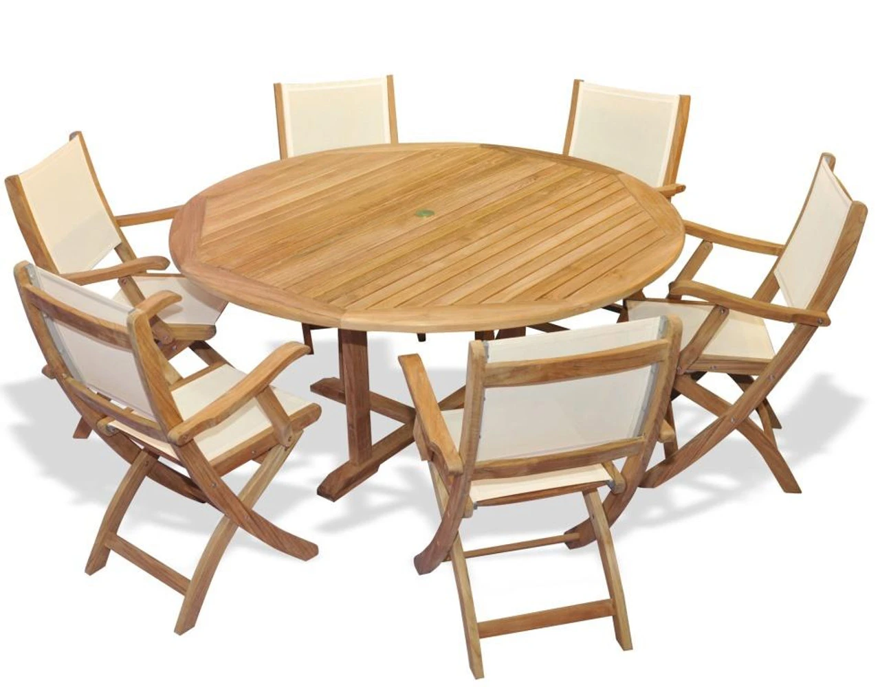 Regal TeakSeat Dining Set With 6 Sling Chairs & 60" Round Table 1 Regal TeakSeat Dining Set With 6 Sling Chairs & 60" Round Table