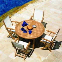 Three Birds Chelsea Riviera Teak Dining Set -Patio Furniture Store ChelseaRd 204 Edited to change legs edited 90297.1696531253