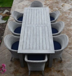 Three Birds Shelburne Teak Rectangular Table With 8 Viena Wicker Chairs Dining Set